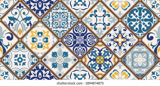 Seamless colorful patchwork tile with Islam, Arabic, Indian, ottoman motifs. Majolica pottery tile. Portuguese and Spain decor. Ceramic tile in talavera style. Vector illustration.