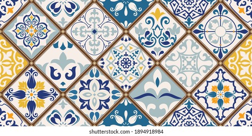 Seamless colorful patchwork tile with Islam, Arabic, Indian, ottoman motifs. Majolica pottery tile. Portuguese and Spain decor. Ceramic tile in talavera style. Vector illustration.