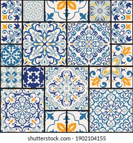 Seamless colorful patchwork tile with Islam, Arabic, Indian, ottoman motifs. Majolica pottery tile. Portuguese and Spain azulejo. Ceramic tile in talavera style. Vector illustration.