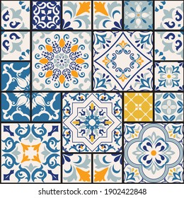 Seamless colorful patchwork tile with Islam, Arabic, Indian, ottoman motifs. Majolica pottery tile. Portuguese and Spain azulejo. Ceramic tile in talavera style. Vector illustration.