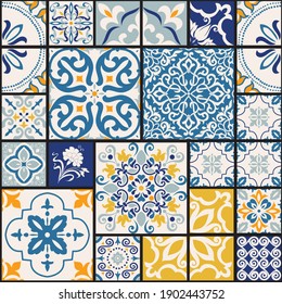 Seamless colorful patchwork tile with Islam, Arabic, Indian, ottoman motifs. Majolica pottery tile. Portuguese and Spain azulejo. Ceramic tile in talavera style. Vector illustration.