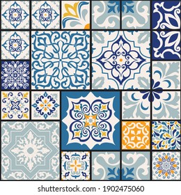 Seamless colorful patchwork tile with Islam, Arabic, Indian, ottoman motifs. Majolica pottery tile. Portuguese and Spain azulejo. Ceramic tile in talavera style. Vector illustration.