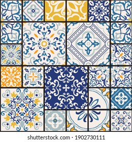 Seamless colorful patchwork tile with Islam, Arabic, Indian, ottoman motifs. Majolica pottery tile. Portuguese and Spain azulejo. Ceramic tile in talavera style. Vector illustration.