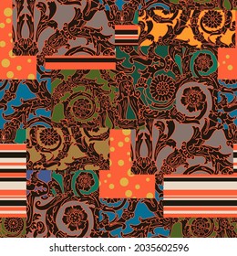 Seamless colorful patchwork tile with Islam, Arabic, Indian, ottoman motifs. Majolica pottery tile. Portuguese and Spain decor. Gaudi mosaic. Ceramic tile in talavera style. Vector illustration