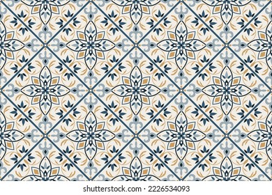 Seamless colorful patchwork tile with Islam, Arabic, Indian, ottoman motifs. Majolica pottery tile. Portuguese and Spain azulejo. Ceramic tile in talavera style. Vector illustration.