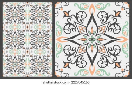 Seamless colorful patchwork tile with Islam, Arabic, Indian, ottoman motifs. Majolica pottery tile. Portuguese and Spain azulejo. Ceramic tile in talavera style. Vector illustration.