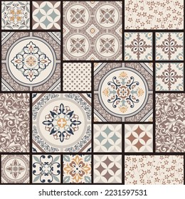 Seamless colorful patchwork tile with Islam, Arabic, Indian, ottoman motifs. Majolica pottery tile. Portuguese and Spain decor. Ceramic tile in talavera style. Vector illustration.