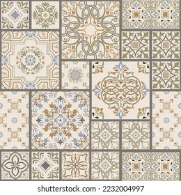 Seamless colorful patchwork tile with Islam, Arabic, Indian, ottoman motifs. Majolica pottery tile. Portuguese and Spain decor. Ceramic tile in talavera style. Vector illustration.