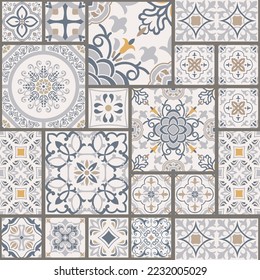 Seamless colorful patchwork tile with Islam, Arabic, Indian, ottoman motifs. Majolica pottery tile. Portuguese and Spain decor. Ceramic tile in talavera style. Vector illustration.