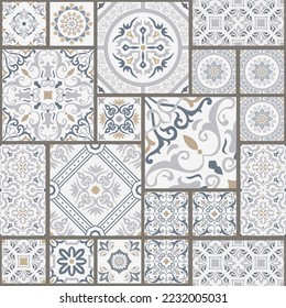 Baldosas de mosaico de mosaico sin color con motivos islámicos, árabes, indios y otomanos. Baldosas de cerámica mallónica. Decoración portuguesa y española. Baldosas cerámicas de estilo talavera. Ilustración vectorial.