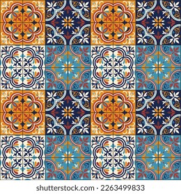 Baldosas de mosaico de mosaico sin color con motivos islámicos, árabes, indios y otomanos. Baldosas de cerámica mallónica. Decoración portuguesa y española. Baldosas cerámicas de estilo talavera. Ilustración vectorial.