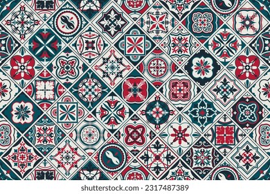 Seamless colorful patchwork tile with Islam, Arabic, Indian, ottoman motifs. Majolica pottery tile. Portuguese and Spain decor. Ceramic tile in talavera style. Vector illustration.