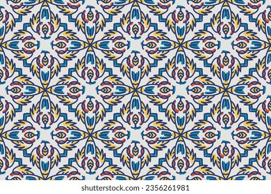 Seamless colorful patchwork tile with Islam, Arabic, Indian, ottoman motifs. Majolica pottery tile. Portuguese and Spain decor. Ceramic tile in talavera style. Vector illustration.