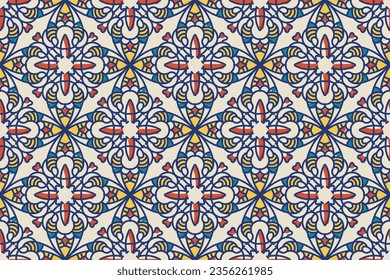 Seamless colorful patchwork tile with Islam, Arabic, Indian, ottoman motifs. Majolica pottery tile. Portuguese and Spain decor. Ceramic tile in talavera style. Vector illustration.