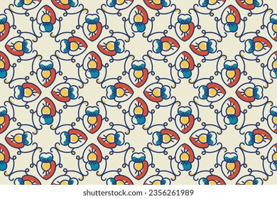 Seamless colorful patchwork tile with Islam, Arabic, Indian, ottoman motifs. Majolica pottery tile. Portuguese and Spain decor. Ceramic tile in talavera style. Vector illustration.