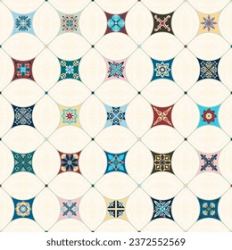 Seamless colorful patchwork tile with Islam, Arabic, Indian, Ottoman motifs. Majolica pottery tile. Portuguese and Spain decor. Azulejo. Ceramic tile in talavera style. Mosaic tile