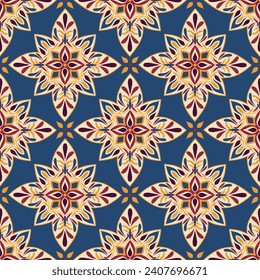 Seamless colorful patchwork tile with Islam, Arabic, Indian, ottoman motifs. Ceramic tile in talavera style. Vector illustration.