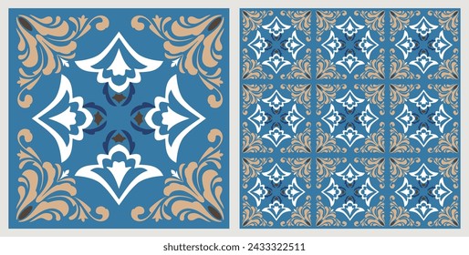 Azulejo de mosaico colorido sin costuras con motivos islámicos, árabes, indios y otomanos. Azulejo de cerámica de Majolica. Decoración portuguesa y española. Azulejo de cerámica en estilo talavera. Ilustración vectorial.