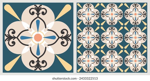 Seamless colorful patchwork tile with Islam, Arabic, Indian, ottoman motifs. Majolica pottery tile. Portuguese and Spain decor. Ceramic tile in talavera style. Vector illustration.