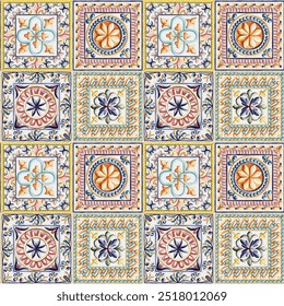 Azulejo de mosaico colorido sin costuras con motivos islámicos, árabes, indios y otomanos. Azulejo de cerámica de mayólica. Decoración portuguesa y española. Baldosa cerámica en estilo talavera. Ilustración vectorial.