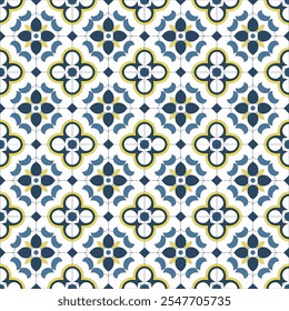 Seamless colorful patchwork tile with Islam, Arabic, Indian, ottoman motifs. Majolica pottery tile. Portuguese and Spain azulejo. Ceramic tile in talavera