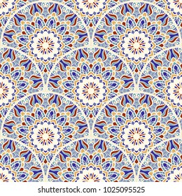 Seamless colorful patchwork in turkish style. Vintage decorative elements. Hand drawn background. Islam, Arabic, Indian, ottoman motifs. Perfect for printing on fabric or paper. Vector