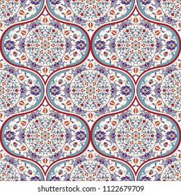Seamless colorful patchwork in turkish style. Vintage decorative elements. Hand drawn background. Islam, Arabic, Indian, ottoman motifs. Perfect for printing on fabric or paper. Vector illustration