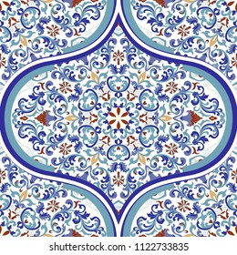 Seamless colorful patchwork in turkish style. Vintage decorative elements. Hand drawn background. Islam, Arabic, Indian, ottoman motifs. Perfect for printing on fabric or paper. Vector.