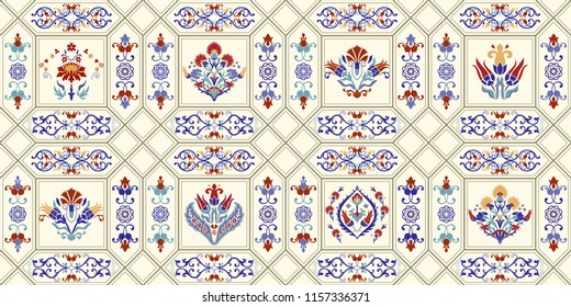 Seamless colorful patchwork in turkish style. Islam, Arabic, Indian, ottoman motifs. Endless pattern can be used for ceramic tile, wallpaper, linoleum, textile, web page background. Vector hand drawn.