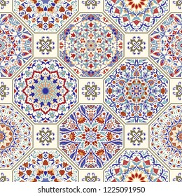 Seamless colorful patchwork in turkish style. Islam, Arabic, Indian, ottoman motifs. Endless pattern can be used for ceramic tile, wallpaper, linoleum, textile, web page background. Vector hand drawn.