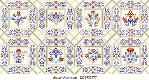 Seamless colorful patchwork in turkish style. Islam, Arabic, Indian, ottoman motifs. Endless pattern can be used for ceramic tile, wallpaper, linoleum, textile, web page background. Vector hand drawn.
