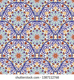 Seamless colorful patchwork in turkish style. Vintage decorative elements. Hand drawn background from mandalas. Islam, Arabic, Indian, ottoman motifs. Perfect for printing on fabric or paper. Vector