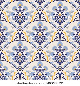 Seamless colorful patchwork in turkish style. Hand drawn background. Azulejos tiles patchwork. Portuguese and Spain decor. Islam, Arabic, Indian, ottoman motif. Perfect for printing on fabric or paper