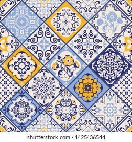 Seamless colorful patchwork in turkish style. Hand drawn background. Azulejos tiles patchwork. Portuguese and Spain decor. Islam, Arabic, Indian, ottoman motif. Perfect for printing on fabric or paper