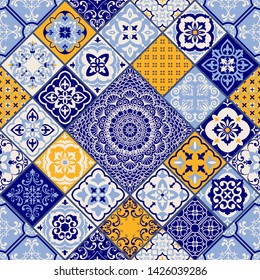 Seamless colorful patchwork in turkish style. Hand drawn background. Azulejos tiles patchwork. Portuguese and Spain decor. Islam, Arabic, Indian, ottoman motif. Perfect for printing on fabric or paper