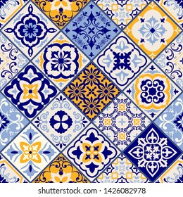 Seamless colorful patchwork in turkish style. Hand drawn background. Azulejos tiles patchwork. Portuguese and Spain decor. Islam, Arabic, Indian, ottoman motif. Perfect for printing on fabric or paper