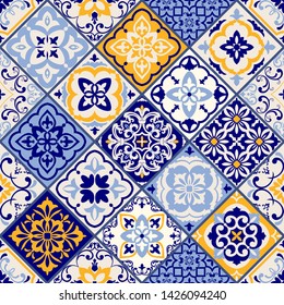 Seamless colorful patchwork in turkish style. Hand drawn background. Azulejos tiles patchwork. Portuguese and Spain decor. Islam, Arabic, Indian, ottoman motif. Perfect for printing on fabric or paper