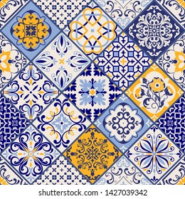 Seamless colorful patchwork in turkish style. Hand drawn background. Azulejos tiles patchwork. Portuguese and Spain decor. Islam, Arabic, Indian, ottoman motif. Perfect for printing on fabric or paper