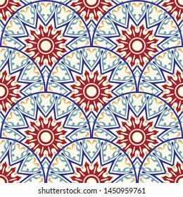 Seamless colorful patchwork in turkish style. Vintage decorative elements. Hand drawn background from mandalas. Islam, Arabic, Indian, ottoman motifs. Perfect for printing on fabric or paper. Vector