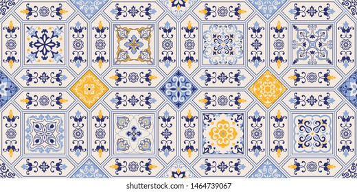 Seamless colorful patchwork in turkish style. Hand drawn background. Azulejos tiles patchwork. Portuguese and Spain decor. Islam, Arabic, Indian, motif. Perfect for printing on fabric, paper, ceramic