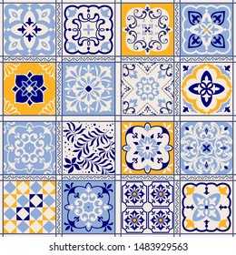 Seamless colorful patchwork in turkish style. Hand drawn background. Azulejos tiles patchwork. Portuguese and Spain decor. Islam, Arabic, Indian, ottoman motif. Perfect for printing on fabric or paper