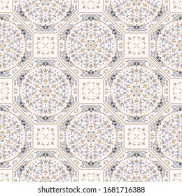 Seamless colorful patchwork in turkish style. Islam, Arabic, Indian, ottoman motifs. Azulejo. Endless pattern for ceramic tile, wallpaper, linoleum, textile, web page background. Vector hand drawn.