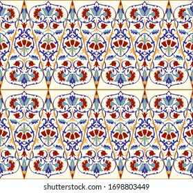 Seamless colorful patchwork in turkish style. Islam, Arabic, Indian, ottoman motifs. Endless pattern can be used for ceramic tile, wallpaper, linoleum, textile, web page background. Vector