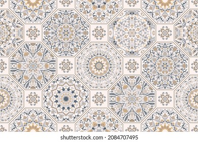 Seamless colorful patchwork in turkish style. Islam, Arabic, Indian, ottoman motifs. Vintage pattern for ceramic tile, wallpaper, linoleum, textile, web page background. Vector hand drawn.