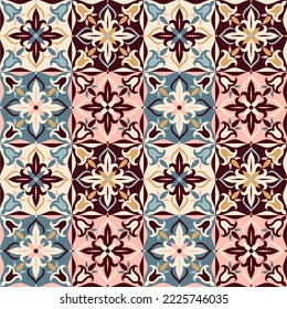 Seamless colorful patchwork in turkish style. Hand drawn background. Azulejos tiles patchwork. Portuguese and Spain decor. Islam, Arabic, Indian, ottoman motif. Perfect for printing on fabric or paper