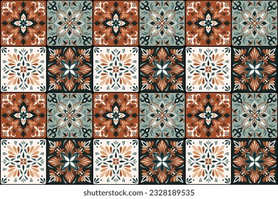 Seamless colorful patchwork in turkish style. Brown and green colors. Azulejos tiles patchwork. Portuguese and Spain decor. Islam, Arabic, Indian, ottoman motif. 