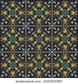 Seamless colorful patchwork in turkish style. Yellow and green colors. Azulejos tiles patchwork. Portuguese and Spain decor. Islam, Arabic, Indian, ottoman motif. 