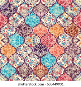 Seamless colorful patchwork in turkish style. Islam, Arabic, Indian, ottoman motifs. Endless pattern can be used for ceramic tile, wallpaper, linoleum, textile, web page background. Vector