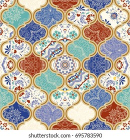 Seamless colorful patchwork in turkish style. Islam, Arabic, Indian, ottoman motifs. Vector