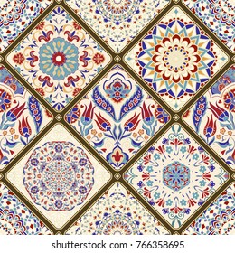 Seamless colorful patchwork. Vintage multicolor pattern in turkish style. Hand drawn background. Islam, Arabic, Indian, ottoman motifs